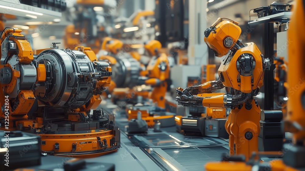 Robots assembling heavy machinery in a minimalist factory environment, automated industrial processes, futuristic fabrication setting