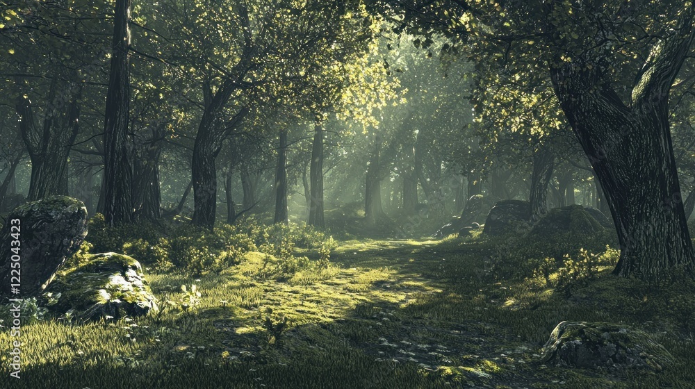 Obraz premium Sunlit path through a mystical forest with fog and rocks.