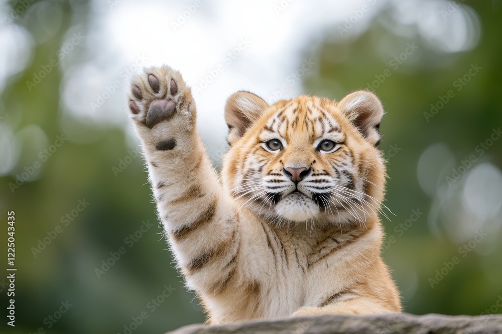 Obraz premium Adorable Tiger Cub Playfully Raises Paw, Captivating Portrait of Wild Beauty in Natural Habitat