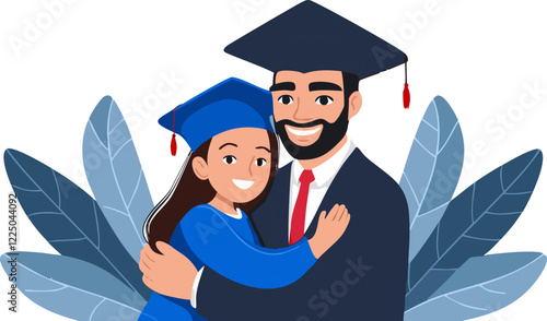 Graduate hugging parents during graduation ceremony, vector illustration in flat design. Vector of graduates hugging their parents in flat design style