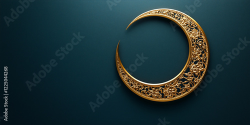 Ornate golden crescent moon adorning dark background, featuring intricate floral design celebrating eid al fitr festival copy space Uraza Bayram photo