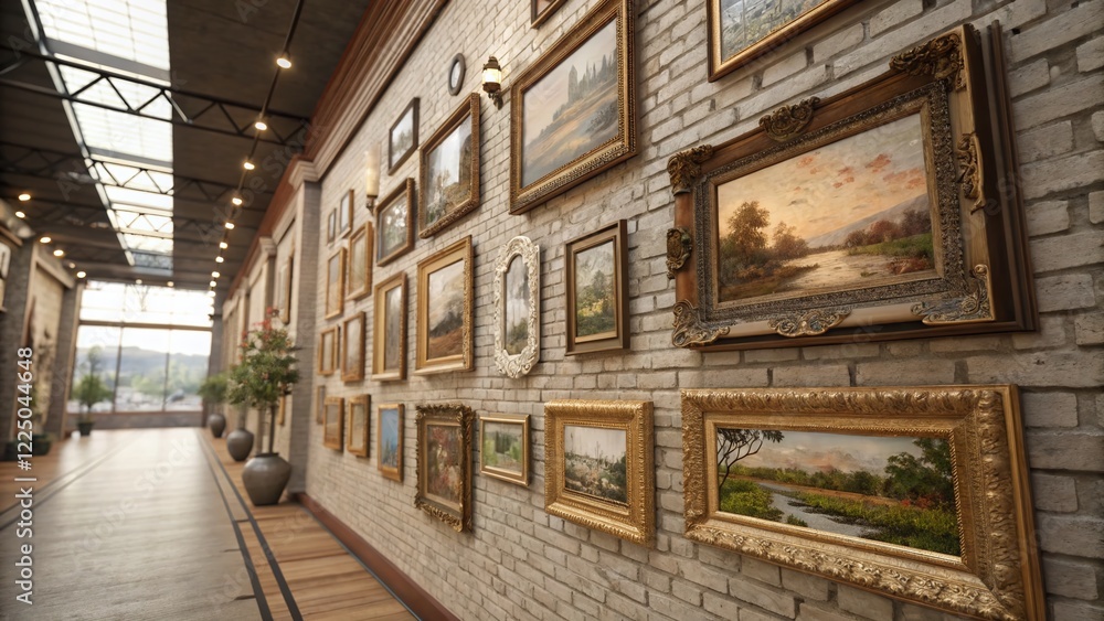 Fototapeta premium Vintage Showroom Interior: Framed Art on Brick Wall - 3D Render