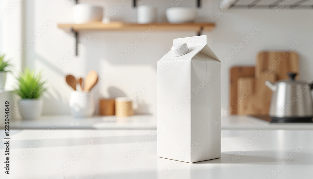Milk Carton Mockup in bright kitchen setting Milk Carton Mockup in bright kitchen setting