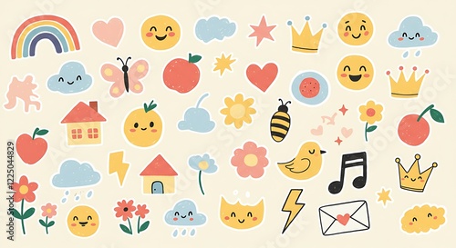 Funky childish doodles and icons drawn with crayon. Cute kid scribble doodle icons set. Child games, toys and drawings. Hand drawn cute vector illustrations. Flower, heart, cloud, car, animals, house