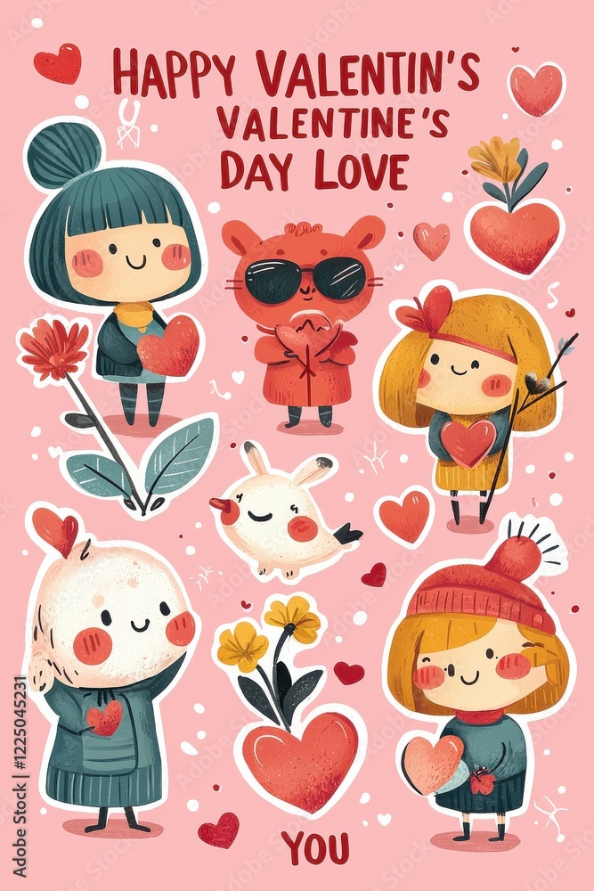 Naklejka premium Valentine's Day sticker sheet with cute cartoon characters and hearts
