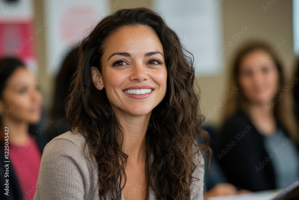 A confident woman with beautiful curls smiles brightly in a classroom setting, embodying knowledge, connection, and enthusiasm among her fellow learners. A confident woman with beautiful curls smiles brightly in a classroom setting, embodying knowledge, connection, and enthusiasm among her fellow learners.