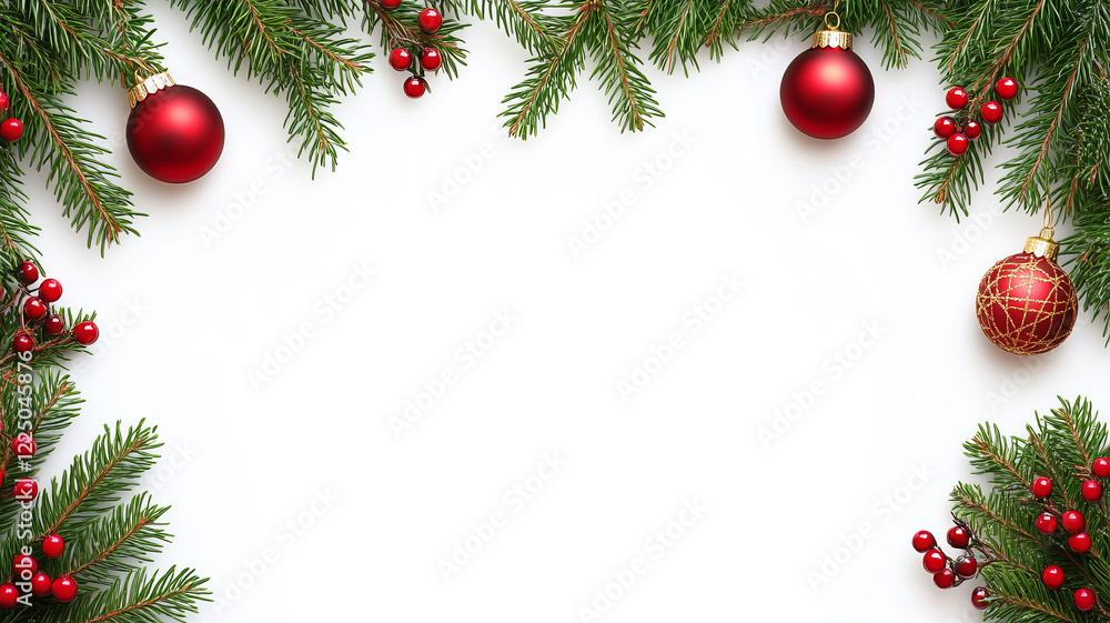 Christmas garland isolated on white background. New Year's decor in the form of green fir branches, balls, cones, stars. Holiday concept. Layout. Christmas garland isolated on white background. New Year's decor in the form of green fir branches, balls, cones, stars. Holiday concept. Layout.