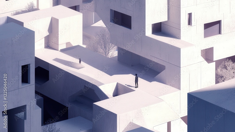 custom made wallpaper toronto digitalAbstract architectural scene featuring a lone figure navigating a surreal, minimalist landscape