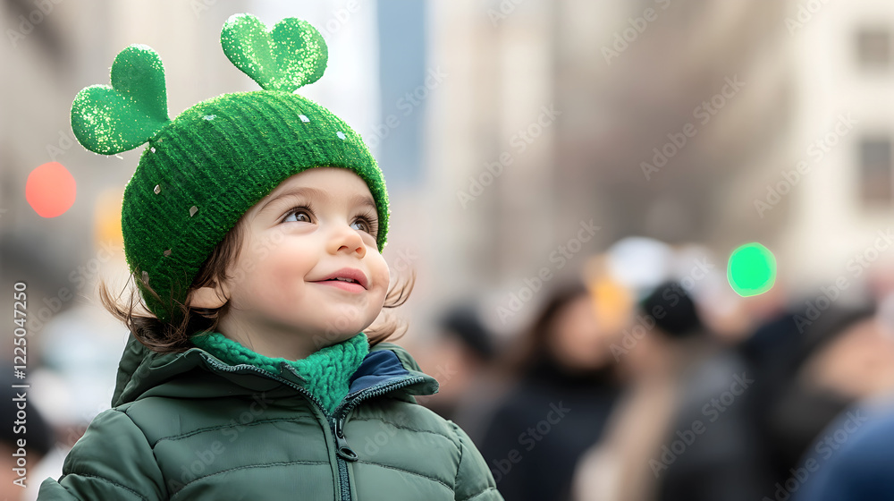 Happy child wearing festive green hat with shamrock decorations, enjoying a St. Patricks Day parade in a lively city atmosphere, perfect for holiday celebrations. Selective focus Happy child wearing festive green hat with shamrock decorations, enjoying a St. Patricks Day parade in a lively city atmosphere, perfect for holiday celebrations. Selective focus