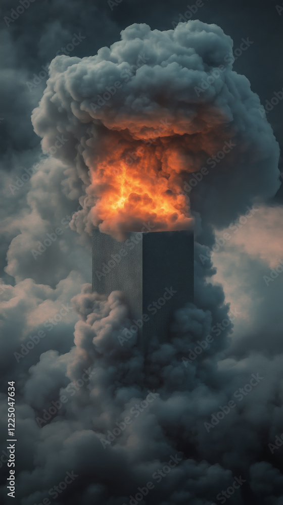Fototapeta premium Square platform fiery cloudscape smoke surreal background mystical backdrop