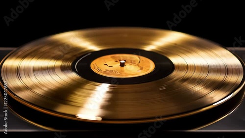 A golden vinyl spins, its reflective surface and label shining as soft music creates a nostalgic vibe in the dark background