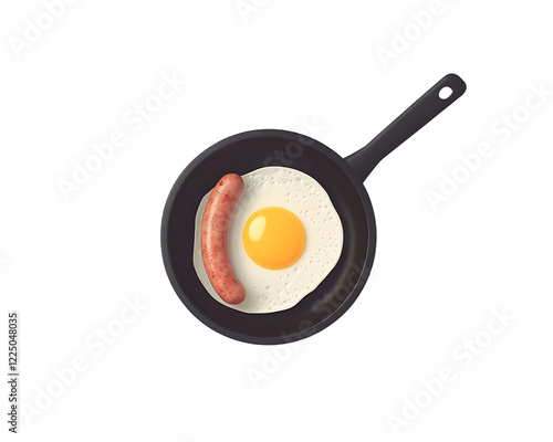  Breakfast in frying pan with egg, sausage and butter on Isolated White Background