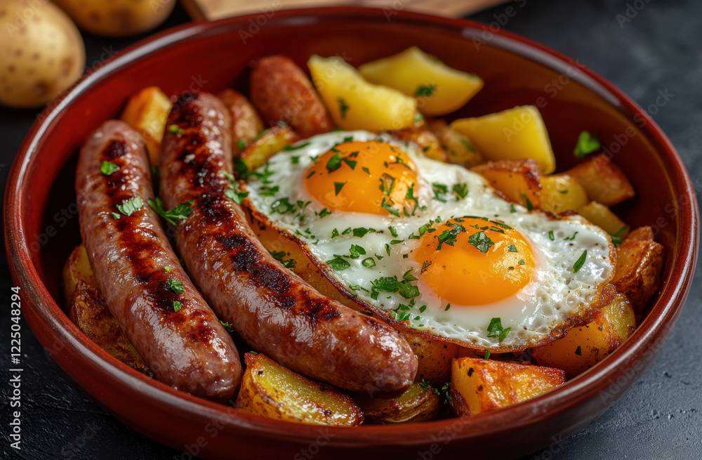 Grilled sausages and fried eggs on a bed of golden potatoes with fresh herbs for a hearty meal Grilled sausages and fried eggs on a bed of golden potatoes with fresh herbs for a hearty meal
