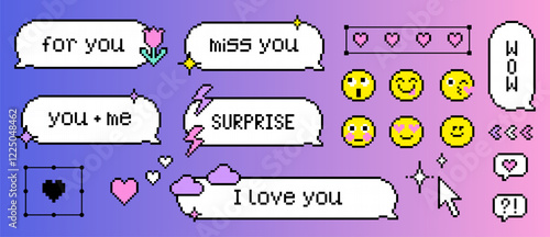 Pixel speech bubble love messages. I love you, miss you. Love phrases. Pixel art sticker, badge, emoji. 8-bit game arcade speech bubble. Y2k dialogue balloon vector icons set. Game abstract elements