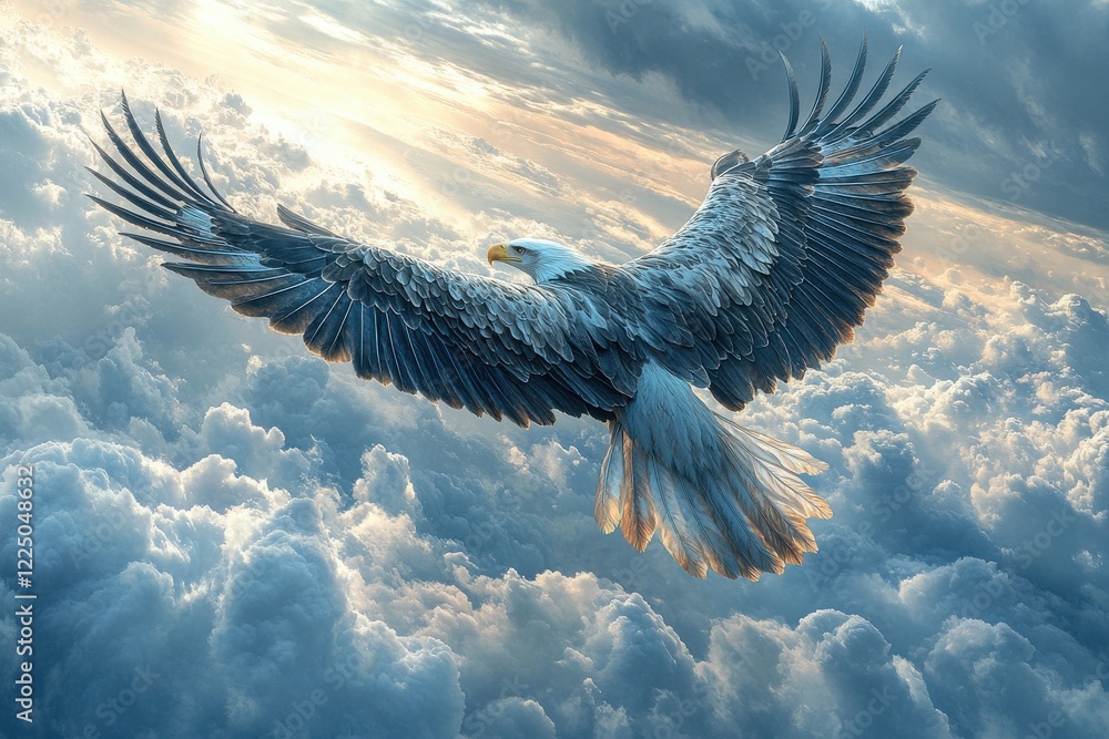 Obraz premium Majestic eagle soaring gracefully above the clouds during a serene sunrise