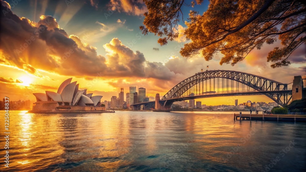 Fototapeta premium Vintage Sydney Skyline Sunset: Iconic Harbour Bridge & Opera House Panorama