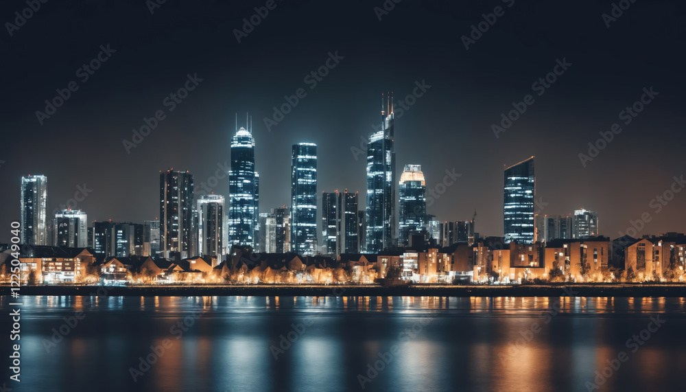 Modern town skyline at night showcasing illuminated buildings, reflections of buildings in the sea. Modern town skyline at night showcasing illuminated buildings, reflections of buildings in the sea.