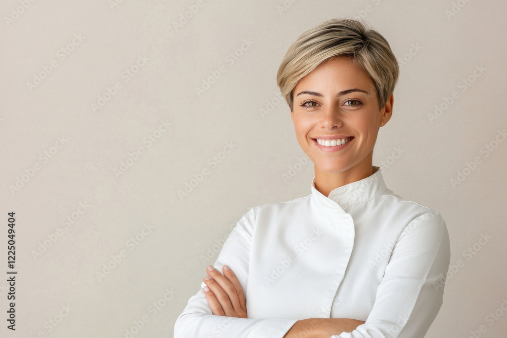Smiling woman in a white outfit, exuding confidence and professionalism. Smiling woman in a white outfit, exuding confidence and professionalism.
