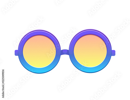 Isometric sunglasses with a retro gradient of purple, pink, and yellow on the lenses. Vector illustration isolated on white background