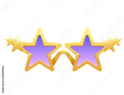 Gold-framed sunglasses with purple star-shaped lenses and decorative details. Vector illustration isolated on white background