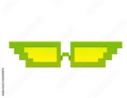 Isometric green sunglasses with a pixel style, retro 8-bit design. Vector illustration isolated on white background