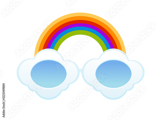 Isometric blue sunglasses with clouds and rainbow style decorations. Vector illustration isolated on white background