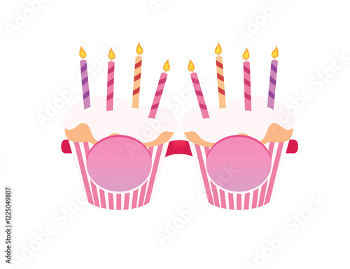 Isometric pink sunglasses birthday stripped cupcake style with candles decorations. Vector illustration isolated on white background