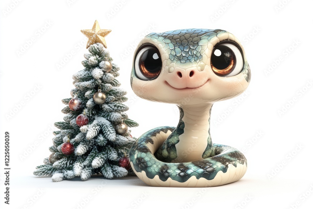 Cute snake with big eyes next to a decorated Christmas tree Cute snake with big eyes next to a decorated Christmas tree
