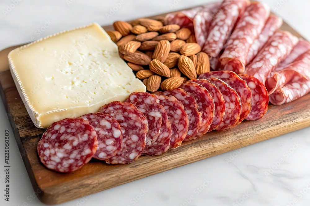 A gourmet cheese platter with artisanal selections and charcuterie. Charcuterie board with cheese, meats, and almonds on wooden platter. A gourmet cheese platter with artisanal selections and charcuterie. Charcuterie board with cheese, meats, and almonds on wooden platter.