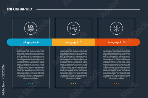 process stages workflow infographic dark outline for slide presentation with sharp table box with round badge header through with 3 point list vector