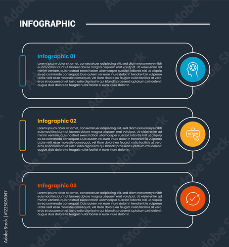 process stages workflow infographic dark outline for slide presentation with round rectangle box with circle edge stack with 3 point list