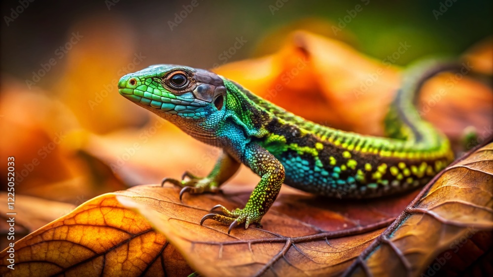 Naklejka premium Wall Lizard Regrown Tail on Withered Leaf - Tilt-Shift Miniature Photography