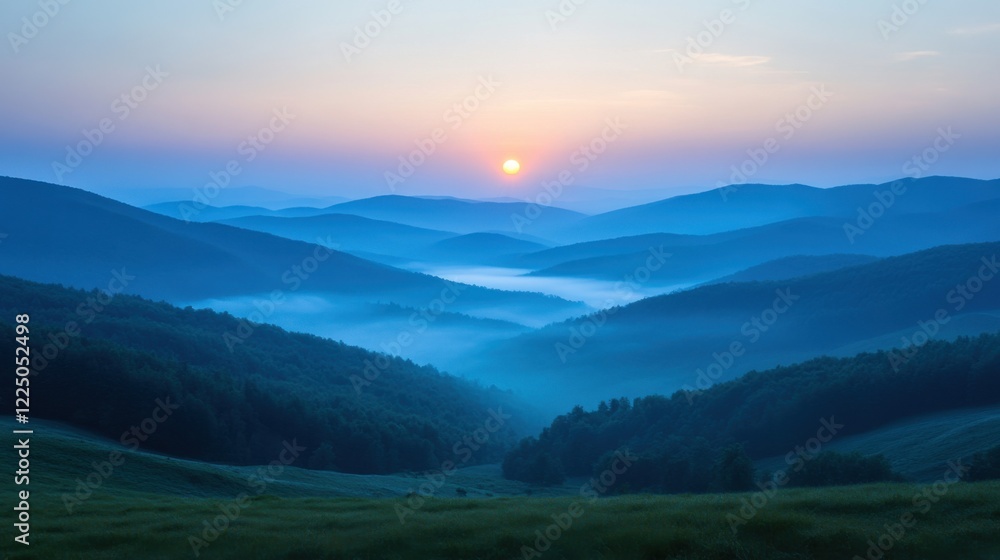 Obraz premium Serene sunrise over mountain valleys nature landscape photography early morning peaceful environment wide angle view