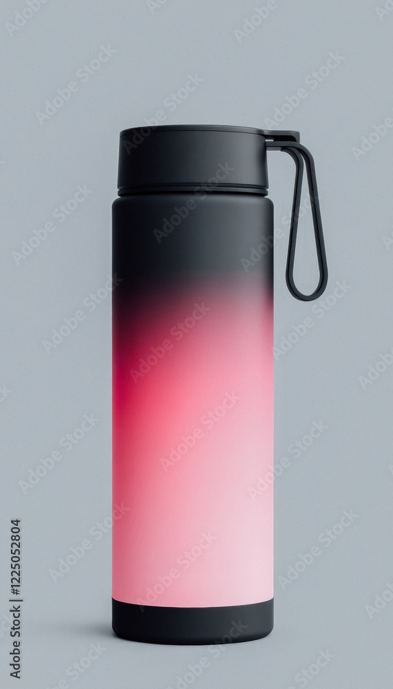 Sleek black thermos bottle with pink gradient design. Stylish and practical insulated container for hot and cold drinks. Sleek black thermos bottle with pink gradient design. Stylish and practical insulated container for hot and cold drinks.