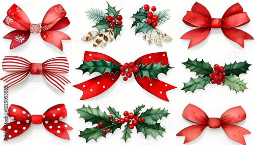 Festive christmas bows and holly decorations arranged in a delightful holiday display