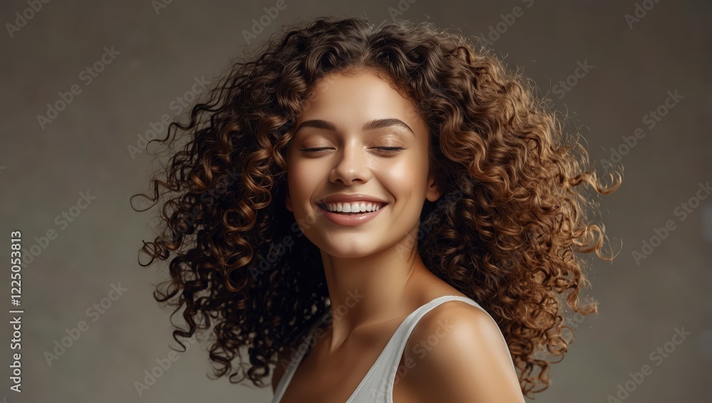 A happy woman with curls in motion, flipping her healthy hair in a well-lit studio, her closed eyes radiating calm and confidence in effective cosmetic care A happy woman with curls in motion, flipping her healthy hair in a well-lit studio, her closed eyes radiating calm and confidence in effective cosmetic care