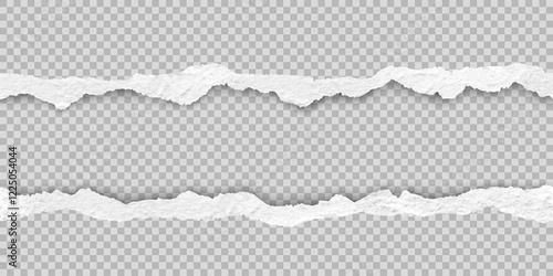 Vector set of horizontal seamless torn paper edge. Ripped white paper strips and shadow.