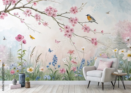 Watercolor Cherry Blossom Wallpaper: Birds, Butterflies & Wildflowers
