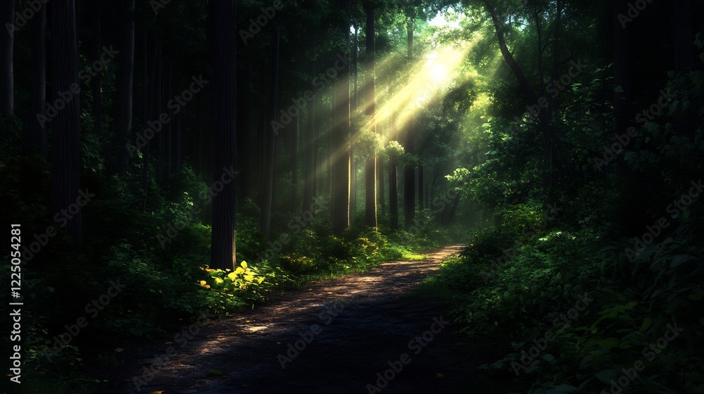 Obraz premium Sunbeams Illuminating a Forest Path