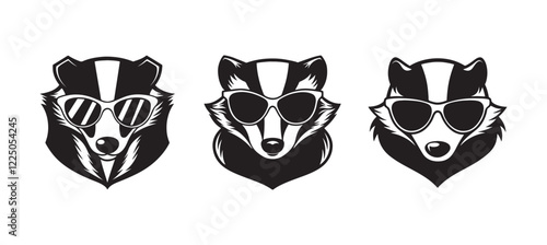 badger head wearing  sunglasses silhouette, black and white silhouette, vector and illustration