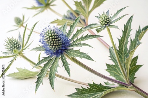 Watercolor Eryngo Sea Holly Botanical Illustration - Hand Drawn Green Plant with Flowers Isolated on White photo