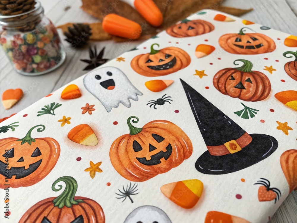 Fototapeta premium Watercolor Halloween Candy Pattern: Pumpkins, Ghosts, Mushrooms & Spikes
