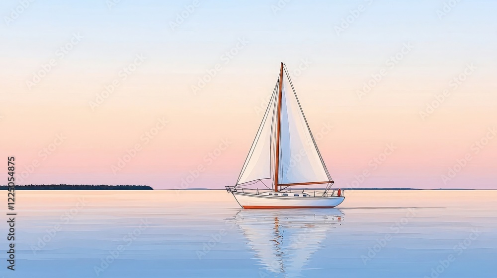 Naklejka premium Tranquil Sailboat on Serene Waters at Sunset with Soft Pastel Sky and Calm Reflection