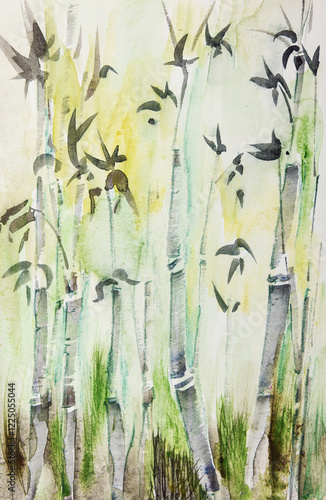 Wallpaper Mural Spheric bamboo field, watercolor. The dabbing technique near the edges gives a soft focus effect due to the altered surface roughness of the paper. Torontodigital.ca