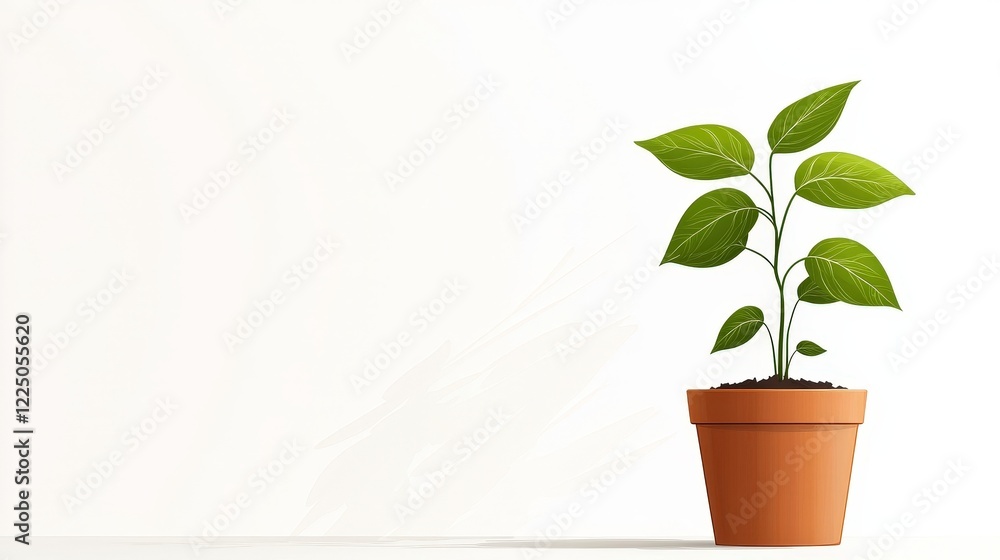 Fototapeta premium Vibrant Green Plant in a Simple Clay Pot Against a Clean White Background