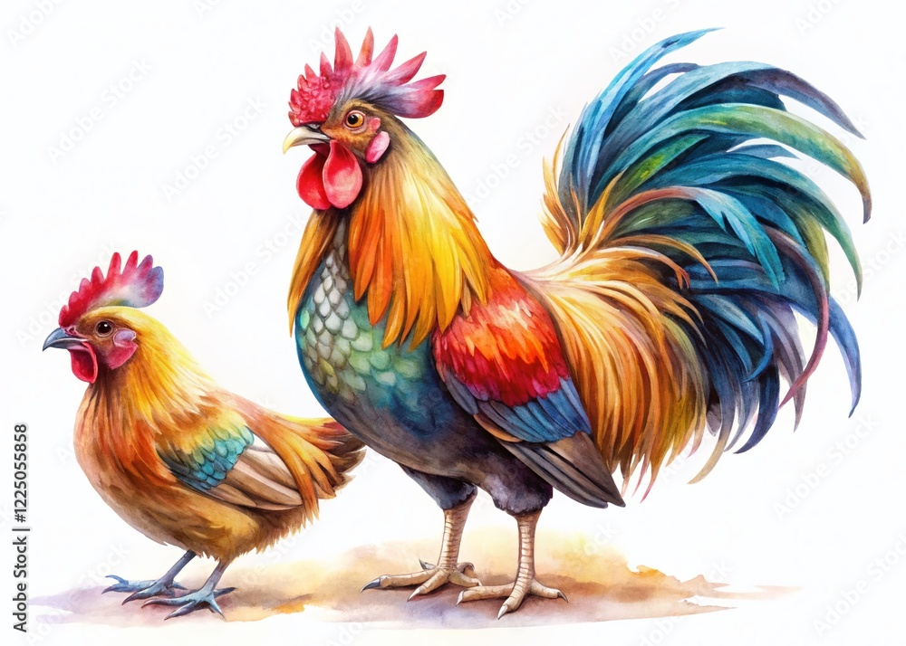 Fototapeta premium Watercolor Rooster and Hen, Bright Colorful Farm Birds, Isolated Illustration