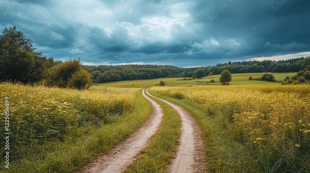 Country road winds through a field of wildflowers under a dramatic sky. Perfect for travel, nature, or freedom themes. Country road winds through a field of wildflowers under a dramatic sky. Perfect for travel, nature, or freedom themes.