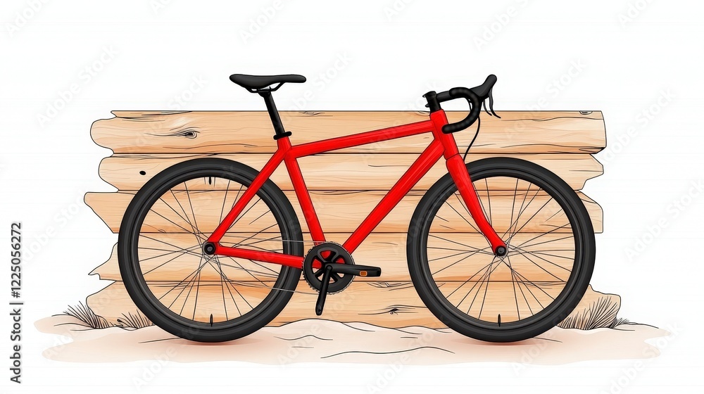 Fototapeta premium Vibrant Red Bicycle Against Wooden Background in Minimalistic Style for Modern Design Needs