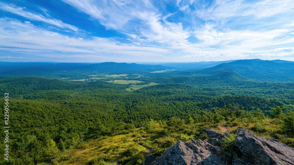 Naklejka premium Expansive view from mountain peak lush valleys and winding trails gigapixel landscape photography scenic overview nature's grandeur
