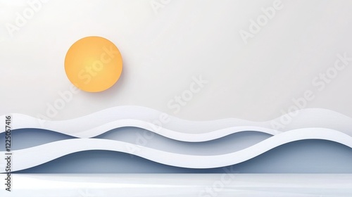 Abstract Minimalistic Landscape with Sun and Curved Waves in Soft Color Palette